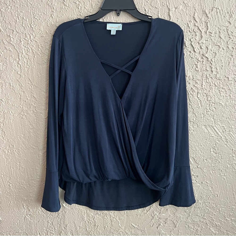 ❤️ Veronica M Blue Wrap Bubble Hem Blouse Long Sleeve Relaxed
